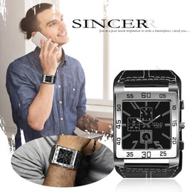 Avaner Men's Square Watch, Oversize Steampunk Watch, Leather Strap Big Face Watch, Black, casual