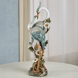 Devoted Cranes Table Sculpture Teal - Made of Resin Coastal Crane Shorebirds - Glitter Accents - Bird Statue - Flowers, Vining Leaves Base - Measures 5 Inches Wide, 16 Inches High