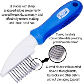Horicon Pet 12 Blade Dog Dematting Comb - Removes Knots, Matted Fur, & Tangles Gently For Dogs, Cats & Small Animals
