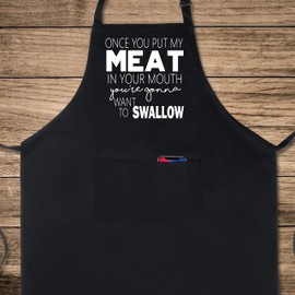 Xornis 100% Cotton Funny Apron Once You Put My Meat in Your Mouth BBQ Grill Aprons with 2 Pockets Fathers Day Gift from Daughter Bib Aprons for Men Dad Grandpa Wife Friends