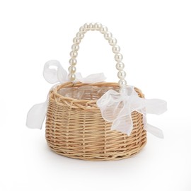 Elegant Wedding Flower Girl Basket with Pearl Handle and Ribbon Bow, Bowknot Satin Flower Basket for wedding, Rustic Handwoven Wicker Flower Basket, Versatile Picnic Baske t for Outdoor (2PCS)