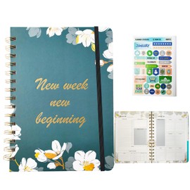 Weekly Planner Undated with Weekly Goals Habit Tracker To Do List Notebook with Stickers of 12 Months Spiral Notebook with Inner Pocket, 6.5 * 8.5” Great Gift for Women and Students(Pear Blossom)