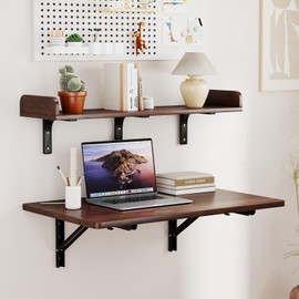 Nisorpa Wall Mounted Folding Table 2 Layers, 32" x 18" Foldable Work Table with Shelf Heavy Duty Fold Down Desk Space Saving Foldable Workbench for Home Office Laundry Kitchen Workshop, Garage