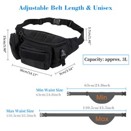ToopMount Waist Pack Tactical Fanny Packs Large 9 Zip Pockets Adjustable Belt Sports Bum Bag Waterproof for Hiking, Biking, Fishing, Hunting (Black)