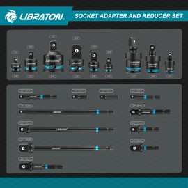 LIBRATON 20PCS Socket Adapter and Reducer Set, Impact Socket Adapters, Includes Cr-V Reducers, Cr-Mo Universal Joints, Cr-V Socket Adapter Extension, XPE Foam, for Automotive Repair DIY Project