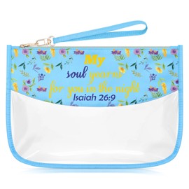 Sazuwu Christian Religious Gifts for Women Faith Blue Makeup Bag with Zipper Inspirational Positive Quotes Cosmetic Travel Bag Organizer Bible Verse Gifts for Women Baptism Gifts for Adults