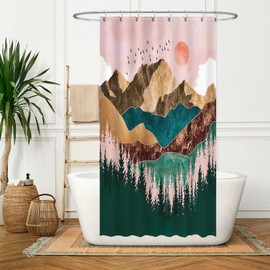Ulticool Shower Curtain - Natural Sun Mountains Bohemian - 120 x 200 cm - Washable - Anti Mould - Waterproof - with 8 Rings - Green Pink Brown