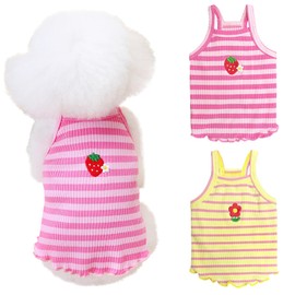 Yaopelky 2 Pieces Small Medium Dogs Summer Clothes Dog Striped Shirt Cute Flower Strawberry Embroidery Vest Pet Outfit for Chihuahua Yorkie Teddy (Pink-Yellow, M)