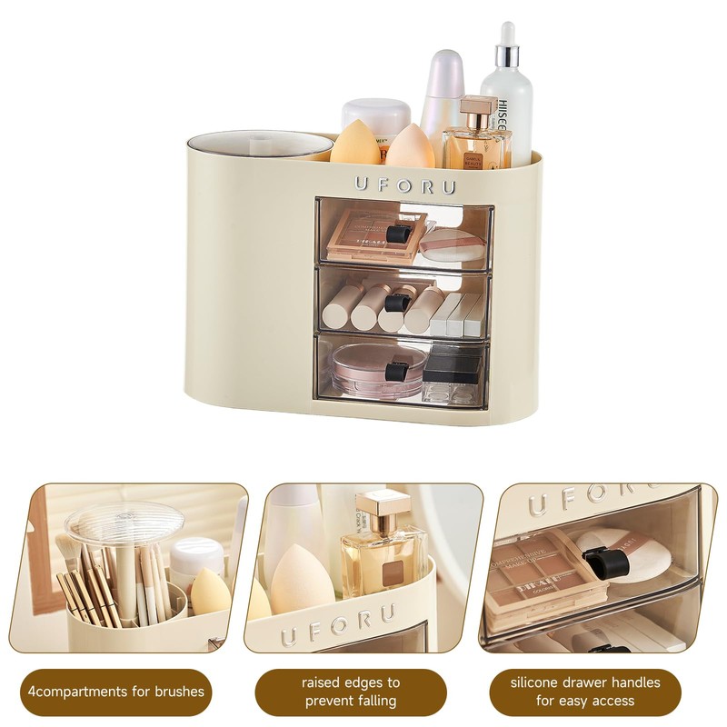 UFORU Makeup Organizer with Pop-Up Brush Holder for Dresser Vanity,