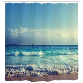 Ihome888 Ocean Waves Beach Waterproof Fabric Bathroom Shower Curtain, 72W by 72H, Blue White Brown