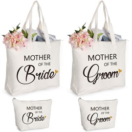 4 Pcs Mother of The Groom Mother of The Bride Canvas Tote Bags with Makeup Bags Mom Gift for Wedding Engagement Announcement Party Appreciation Gifts for Future Mother in Law
