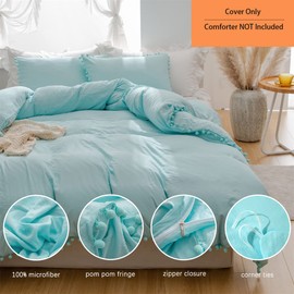 IHOUSTRIY Kid's Duvet Cover Twin Size,100% Washed Microfiber 2pcs Bedding Duvet Cover Set, Pom Poms Fringe Solid Color Soft and Breathable with Zipper Closure & Corner Ties (Twin, Turquoise Blue)