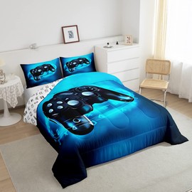 Feelyou Gaming Bedding Set for Boys Gamer Comforter Set for Teens Kids Gamer Room Decor Blue Video Games Comforter Duvet Set King Size Gamepad Quilted All Season 1 Comforter with 2 Pillow Cases