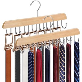 2 Pack Belt Hangers, Natural Wooden Belt Organizer for Closet, 360 °   Rotating Tie & Belt Racks for Storage with 14 Hooks, Sturdy Belt Holder Space Saver for Belt, Tie, Bra, Scarf, Tank Top - Color: Natural Wood, Item Packa: 2