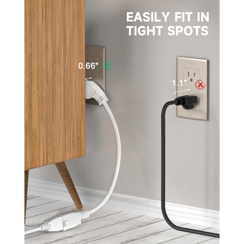 1Ft Flat Plug Short Extension Cord, 90 Degree Plug Adapter,