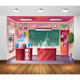 CORFOTO 7x5ft Fabric Chemistry Classroom Interior Backdrop Science Lab Backdrop Cartoon Chemistry Laboratory Chemical Experiments Background School Classroom Poster Banner Photo Prop