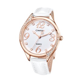 COMTEX Ladies Watch White Large Dial Face Crystal Diamante White Leather Strap Watch (Rose Gold)