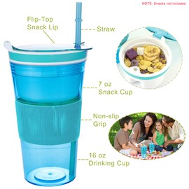 Bawnhaw Portable Plastic Snack and Drink Cup for Adult, Kid's Combo All-in-One Cereal and Milk Container for Breakfast On-The-Go with lids & Straw, 16 Oz