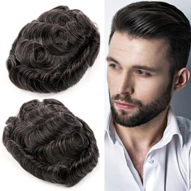 Men Toupee Hair System Ultra Thin Skin Hair Piece European Human Hair Replacement 0.02-0.10MM V-LOOP Toupee For Men. (1B50# Off Black with 50% Synthetic Grey, 8x10"-0.08MM-0.10MM V-LOOP)