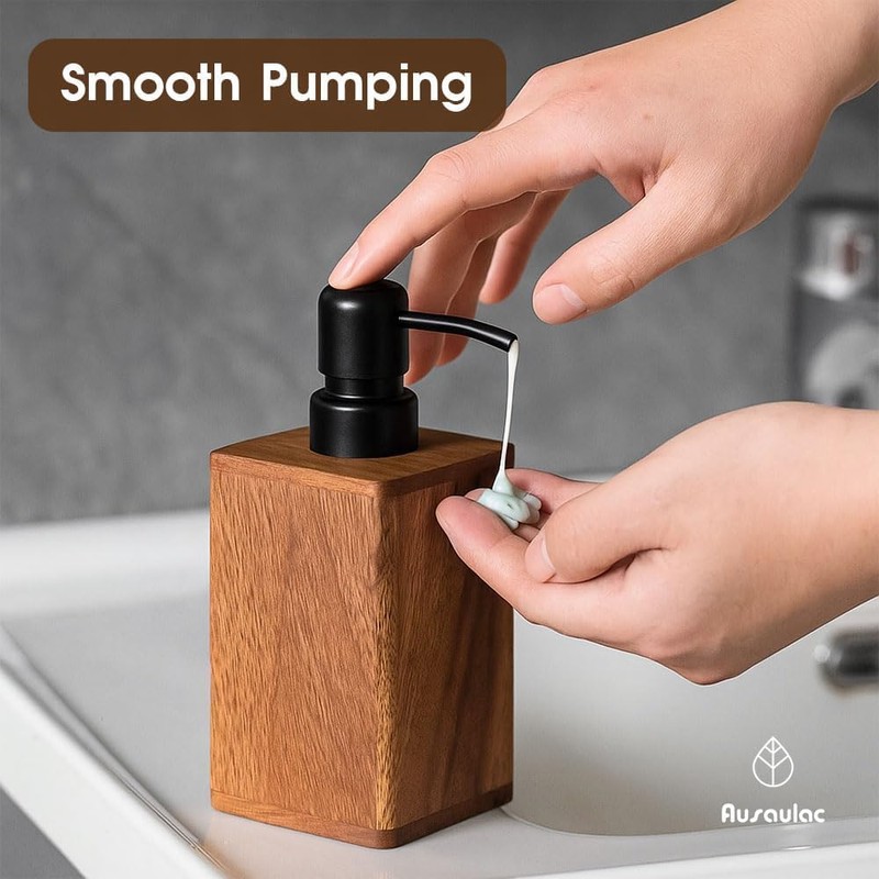 AUSAULAC 400ml Solid Wood Soap Dispenser for Bathroom,Kitchen –Wooden Refillable