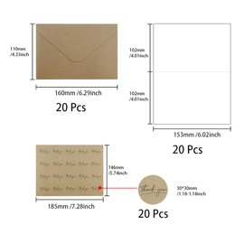 WYAN 20 Sets Kraft Paper Envelopes,with Cards and Seal Stickers,Brown Envelopes and Blank Cards,Foldable Cardboard,for Gift, Greeting Cards, Invitation(15.8 * 10.8cm)