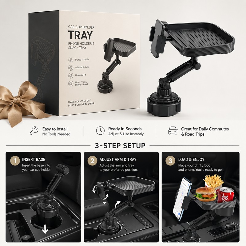 Adjustable Car Cup Holder Tray for Road Trips – 360°