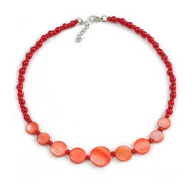 Avalaya Rose Red Shell and Scarlet Red Faux Pearl Bead Necklace/Slight Variation In Colour/Natural Irregularities/42cm L/ 3cm Ext
