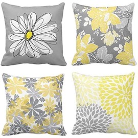 Emvency Set of 4 Throw Pillow Covers Gray and Yellow Modern Daisy with Pretty White Floral Hand Couch Sofa Decorative Pillow Cases Cushion Home Decor Square 22x22 Inches Pillowcases