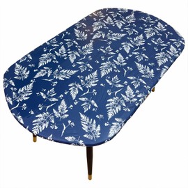 Oval Vinyl Fitted Tablecloth with Flannel Backing Elastic Edged Table Cloth Waterproof Oil-Proof Plastic Table Cover (Blue Leaves Pattern, Best for Up to 48" x 68")
