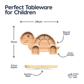 Moon and Moo Tortoise Bamboo Suction Plate for Kids, Toddlers and Baby Weaning - Non-Toxic – Plastic Free - Stay Put - Baby Suction Plate - Baby Weaning Set (White)