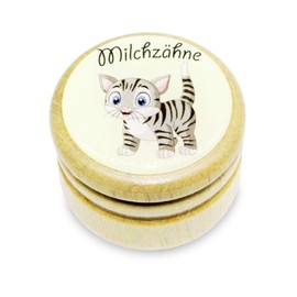 GICO Milk Tooth Box, Tooth Box, Milk Teeth, Picture Box with Various Motifs, Made of Wood, for Boys and Girls, with Screw Cap, 44 mm (Cat)
