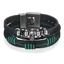 Flongo Leather Bracelet Men's Bracelet Women Bangle Friendship Bracelets BFF Bracelets for 2 Black Green Skull Cross Rose, Stainless Steel