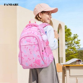 FANDARE Children's Backpack Girls School Backpack Women's Backpack Children's School Bag for Students Outdoor Travel Daypacks Nursery Bag with Chest Strap Waterproof Nylon, pink, Casual