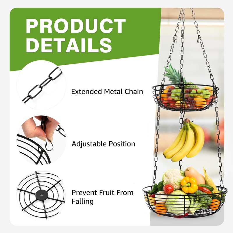 HULISEN 3 Tier Hanging Fruit Basket with Banana Hook, 36-Inch