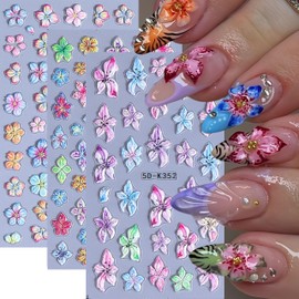 3Pcs Flowers Nail Stickers for Nail Art 5D Acrylic Embossed Hibiscus Nail Decals Colorful Hawaiian Flower Design Nail Art Supplies Summer Floral Nail Stickers for Women DIY Nail Decorations Charms