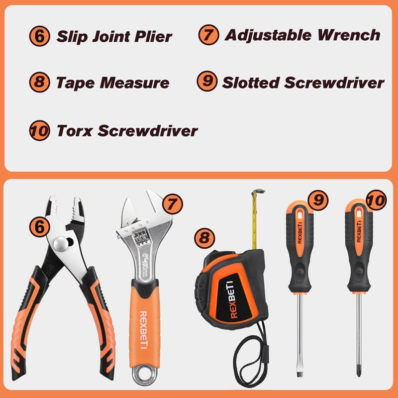 REXBETI 10-Piece Kids Tool Set with Real Hand Tools, Orange