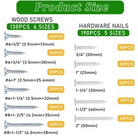 320Pcs Premium Hardware Nails & High Hardness Wood Screws Assortment Kit, 11 Sizes (1/2"-2"),Phillips Drive Flat Head, Wood Screws, Galvanized, Picture Hanging, Wood, Common Nails with Storage Box