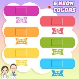 Yinder 540 Pcs Kids Bandages Bulk Colorful Flexible Bandages Neon Waterproof Breathable Strip Protect Cuts and Scrapes for Children Toddlers, 2.83'' x 0.75''