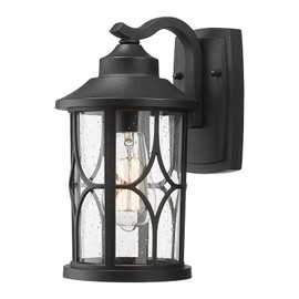 zeyu Farmhouse Outdoor Wall Lantern - 12 Inch Exterior Wall Sconce, Cast Aluminum with Seeded Glass, Black Finish, ZX48B BK