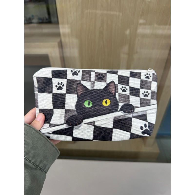 Livel lhood 異瞳黒猫プリント 化粧ポーチ コンパクト収納 リストストラップ付 猫好きへのギフト 小物整理袋 チェッカー柄猫イラスト メイクポーチ