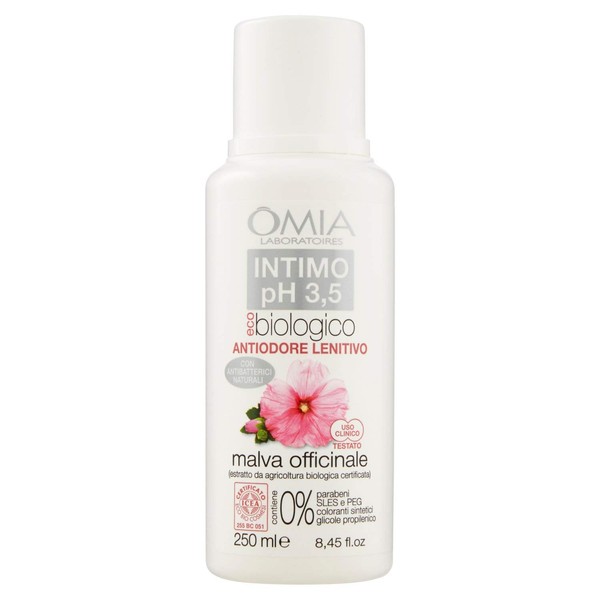 Omia, Eco Bio Intimate Soap Ph 3.5 Malva Officinalis, Intimate Cleanser with Refreshing Action - Suitable for Women and to Combat Intense Odors - Dermatologically Tested, Nickel Free, 250 ml
