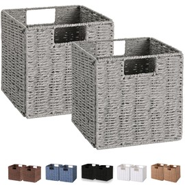 Vagusicc Wicker Basket, Set of 2 Hand-Woven Wicker Storage Basket, Foldable 11 inch Cube Storage Bins, Storage Baskets for Organizing Shelves, Closet Organizers and Storage Bins, Gray (11″×11″×11″)