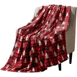 Winter Holiday Christmas Fleece Throw Blanket: Soft Comfy Tartan Check Plaid Design Red and Black with White Tree Accents for Couch Sofa Bed