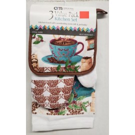 American Mills 3 pc PRINTED KITCHEN SET: 1 POT HOLDER, 1 TOWEL & 1 OVEN MITT, HOT COFFEE CUP,AM