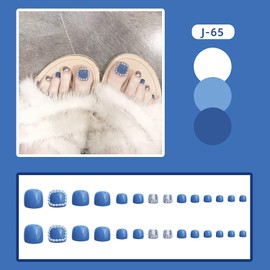Vezocim Blue False Nails Sets, Press on Toenails Coffin with Pearl Designs, Full Cover Artificial Acrylic Fake Nails for Toe, Glue on Toenails with Charm, Stick on Toe Nails for Women