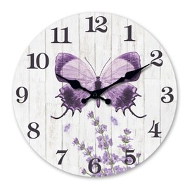 XFM Farmhouse Butterfly Wall Clock Purple Lavender Wooden Clocks 16 Inch Silent Non-Ticking Battery Operated Decorative Round Clock for Women Bedroom Living Room Kitchen