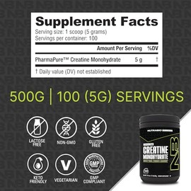 NutraBio - 100 Monohidrato de Creatina de Alta Calidad - 500 gr - 100 Ser - Sin Gluten - Sin OMG - Certificada como Kosher - Apta para Vegetarianos - 