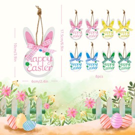 8 Pcs Easter Rabbit Wooden Hanging Ornaments,Hollowed Bunny Shape Tree Ornaments Pendant Decorations Wood Cutouts Crafts with Bow and String for Kids Spring Easter Party Supplies Home Decoration