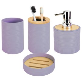 4 PCS Plastic & Bamboo Circular Bathroom Accessories Set, Soap Dispenser and Toothbrush Holder Set, Soap Dish and Mouthwash Cup(Light Purple)