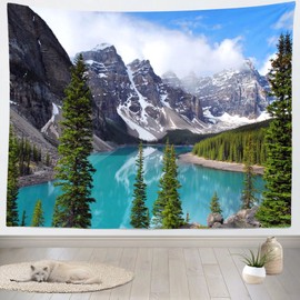 CORFOTO Mountain Tapestry Wall Hanging Nature Forest Scenery Green Pine Trees Lake Landscape Wall Tapestry for Bedroom Aesthetic Living Room Dorm Decor Decorations Wallpaper 70Wx47H inches Fabric